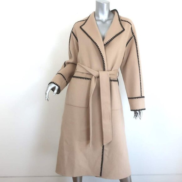 Maje Gicoco Belted Scarf Coat Camel Embroidered Double-Faced Wool Size 34 NEW - Picture 2 of 10
